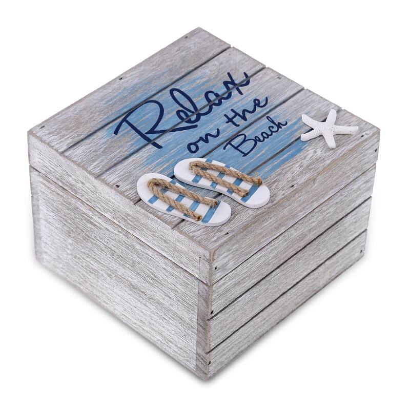 CoTa Global Aqua Sky Relax Wooden Box with Sandals and Starfish Decor - 6″Lx5.8″Wx4.3″H