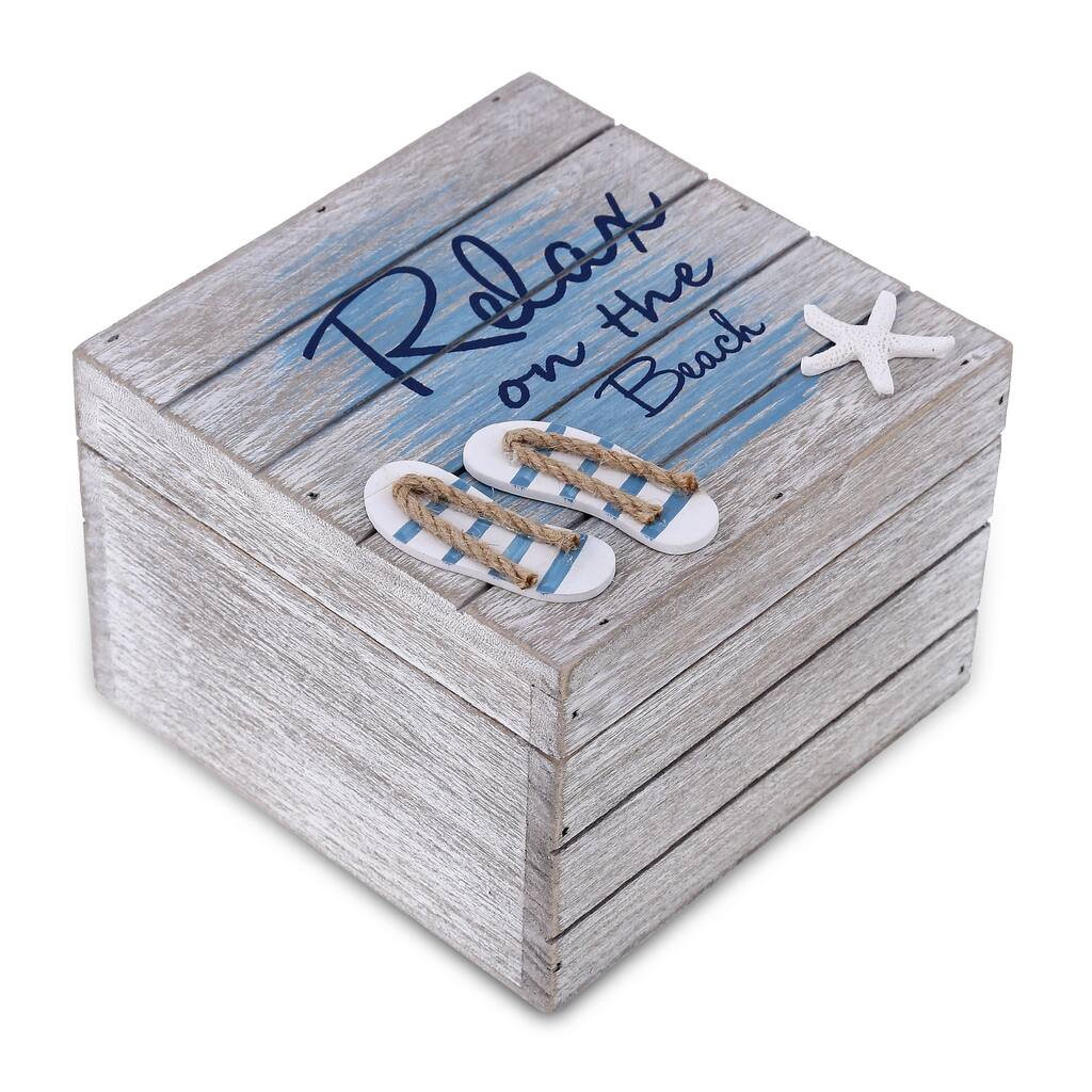 CoTa Global Aqua Sky Relax Wooden Box with Sandals and Starfish Decor - 6″Lx5.8″Wx4.3″H