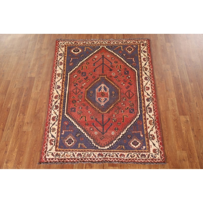 Qashqai Persian Vintage Area Rug Hand-knotted Wool Carpet - 3'7"x 5'0"