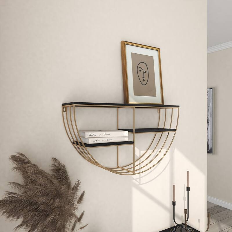 Gold Wooden 3 Shelves Wall Shelf with Half Moon Shape