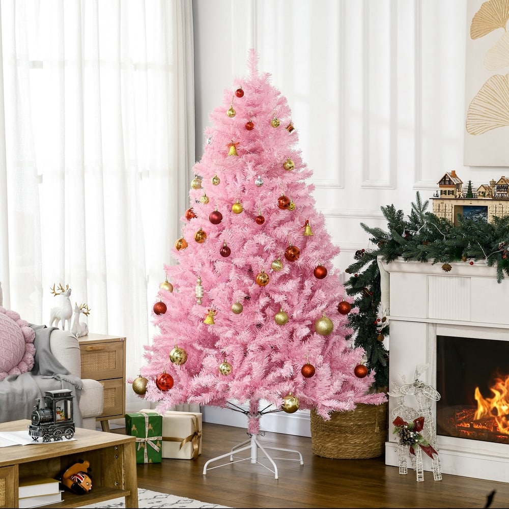 HOMCOM 6ft Tall Artificial Christmas Tree Holiday Décor with 1000 Branches, Auto Open, Steel Base, Wide Shape, Pink - 5.89 ft