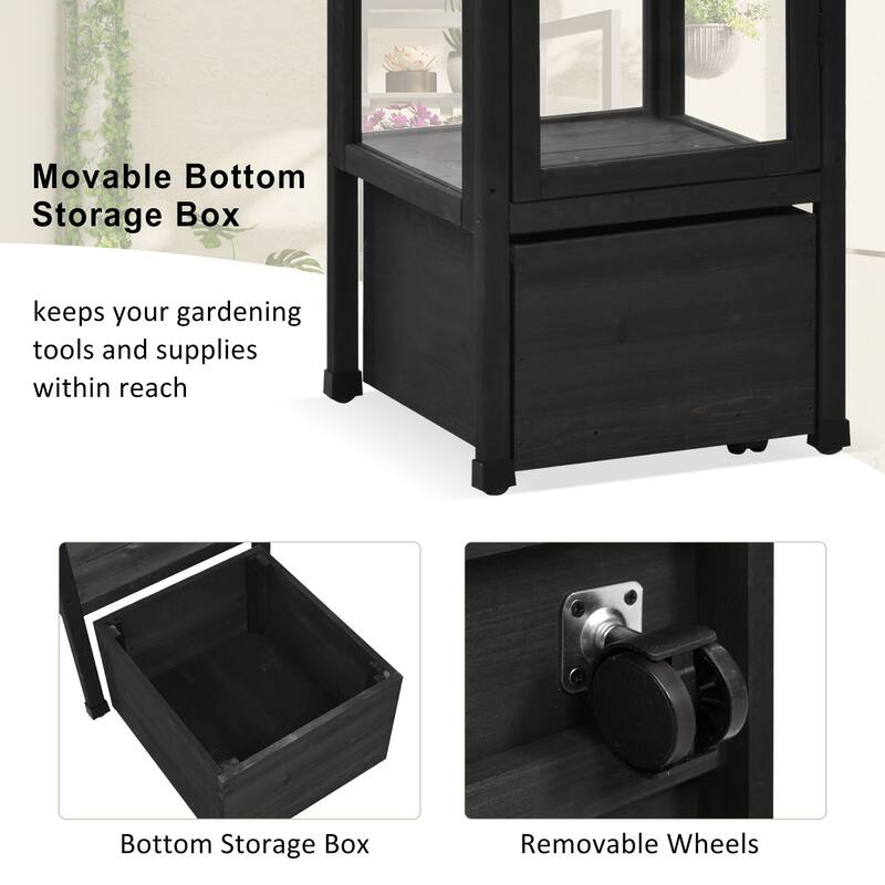 Roomfitters 62.4" Wood Garden Greenhouse with Movable Storage Box and Adjustable Shelves