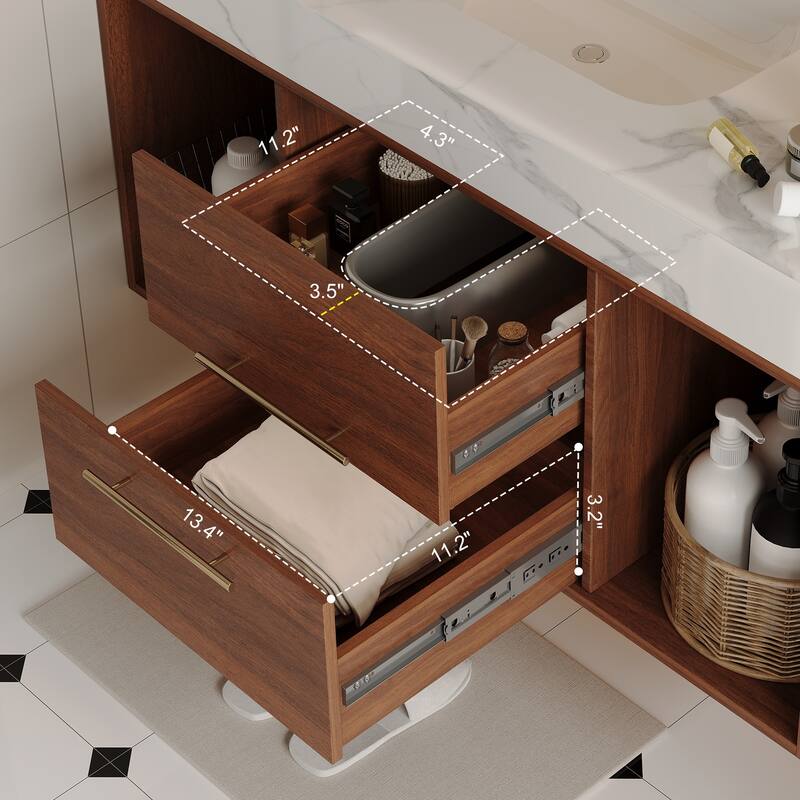 Modern Wall Mounted Bathroom Vanity Floating Storage Cabinet with Ceramic Sink, Faux Marble Countertop, Drawers and Open Shelves