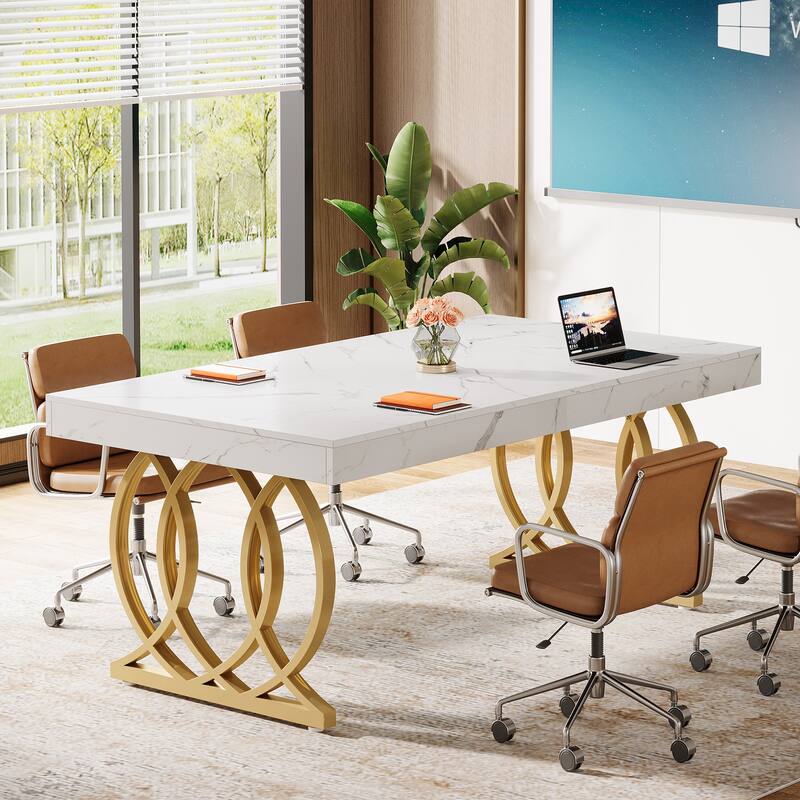 5FT Conference Table, Modern Meeting Table with Gold Metal Farme, White and Gold - 63" L x 31.5" W x 29.5" H - White & Gold