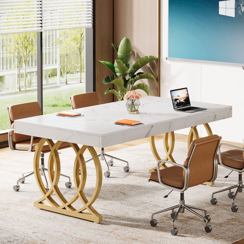 5FT Conference Table, Modern Meeting Table with Gold Metal Farme, White and Gold - 63" L x 31.5" W x 29.5" H