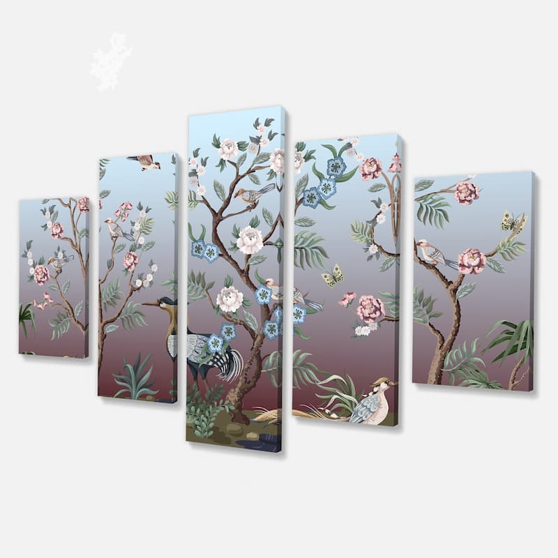 Designart "Chinoiserie With Birds and Peonies XI" Traditional Canvas Wall Art Print
