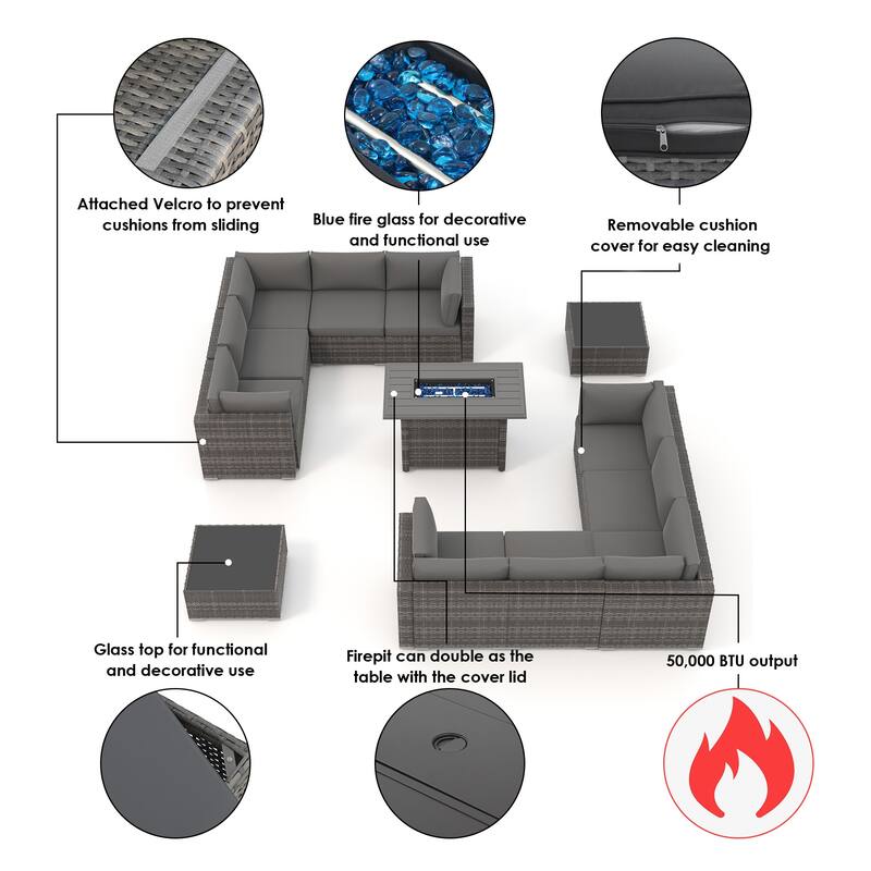 13 Piece Wicker Set Patio Sofa Furniture with Fire Pit And Table