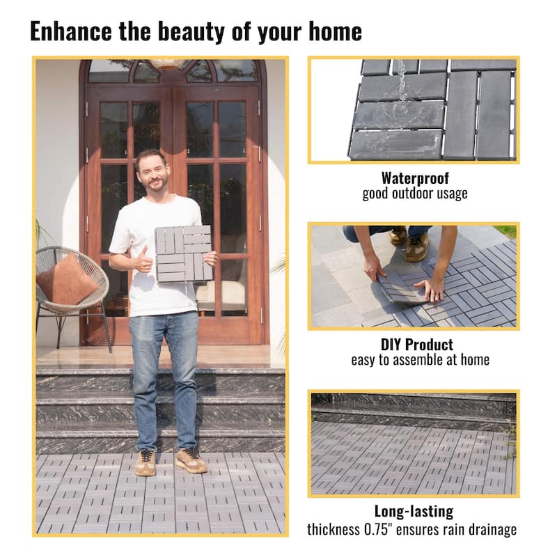 20 PCS Interlocking Deck Tiles Checker Pattern, 12" x 12"Square Acacia Hardwood Outdoor Flooring for Patio,Bancony,Pool Side