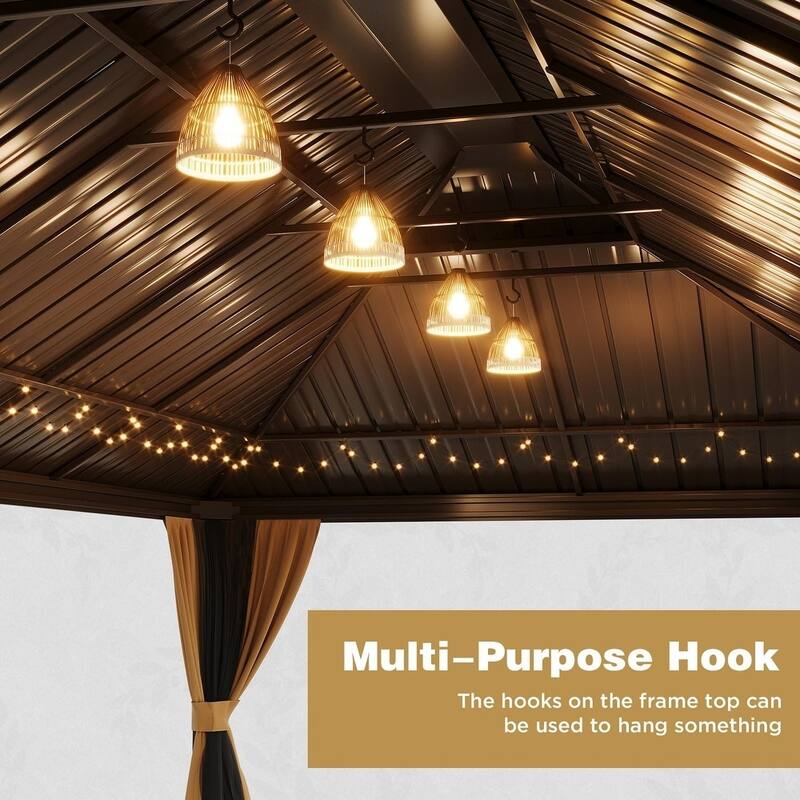 Erommy Pro Series Outdoor Galvanized Steel Roof Gazebo Pergola w/ Aluminum Frame & Vertical Rain Cutter