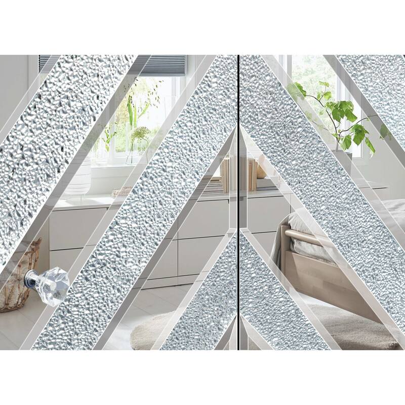 59" Silver Mirrored TV Stand Console Table with M-Shaped Diamond Mirror Doors, Crystal Handles, Open Shelves & Storage Cabinets