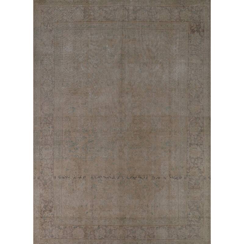 Distressed Beige Tabriz Persian Vintage Rug Hand-Knotted Wool Carpet - 9'1"x 11'9"