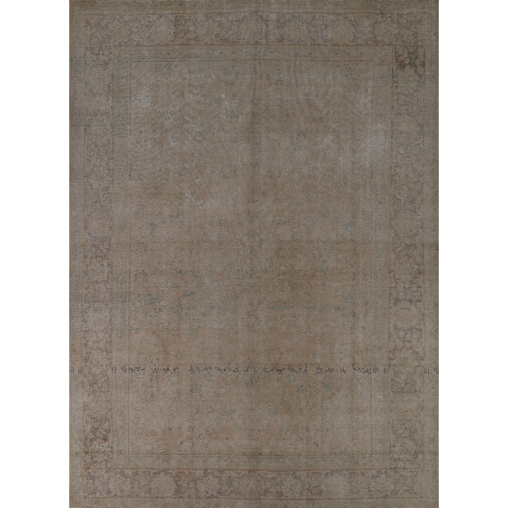Distressed Beige Tabriz Persian Vintage Rug Hand-Knotted Wool Carpet - 9'1"x 11'9"