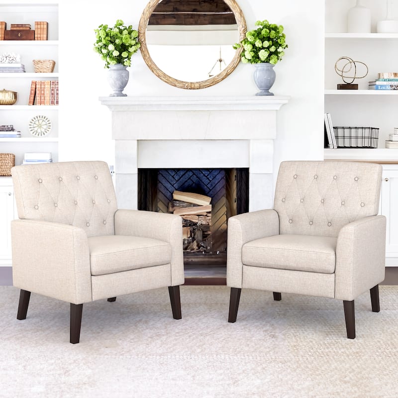 Mid-Century Modern Upholstered Linen Fabric Button Tufted Accent Chair Set of 2 - 28.5 W X 27.25 D X 33.75 H - Wheat Linen