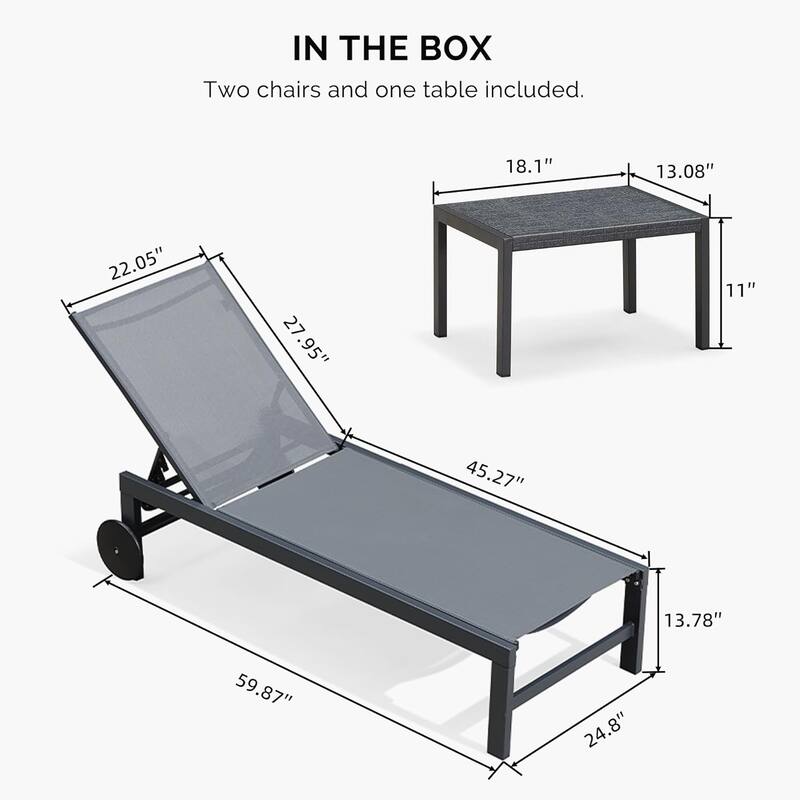 PURPLE LEAF Adjustable Patio Chaise Lounge Set 2 Pieces Lounge Chairs with Wheels and Side Table