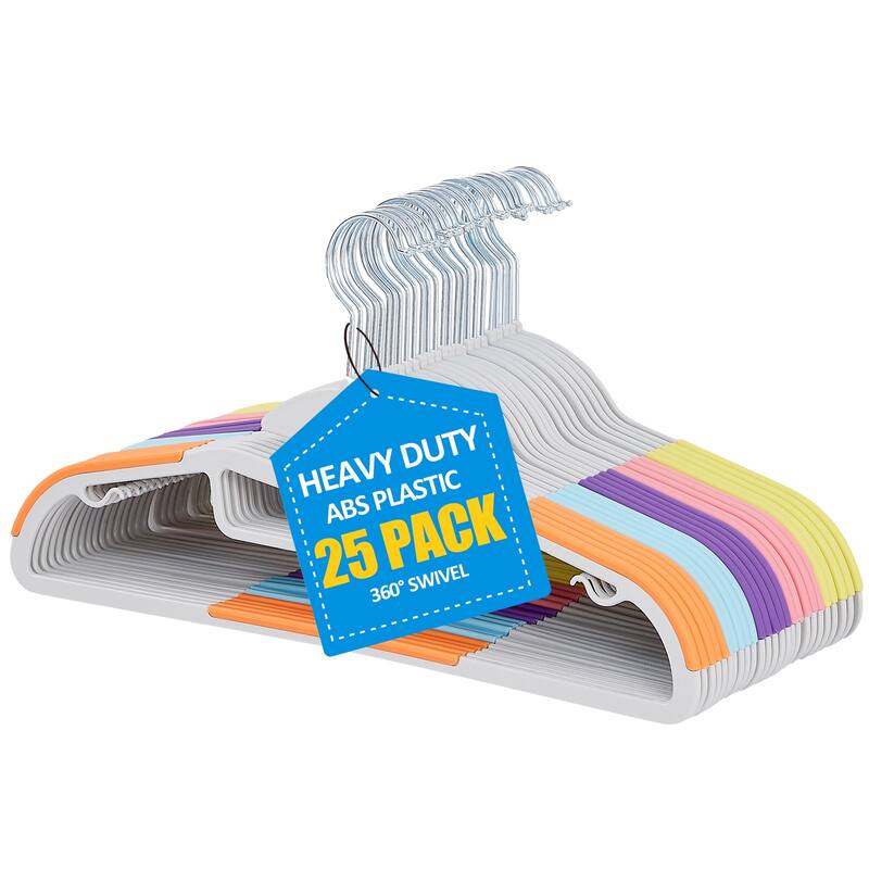 Non-Slip Plastic Clothes Hangers with clips Heavy Duty Dry Wet Clothes Hangers Space-Saving Swivel Hook - 25 Pack - Multi