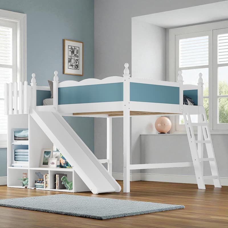 Full/Queen Loft Bed with Storage Shelves, Cabinet & Detachable Slide, Solid Wood Loft Bed with Ladders, No Box Spring