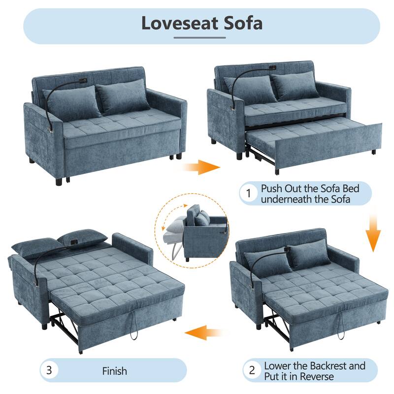 Roomfitters Loveseat Pull-Out Sofa Bed with Reversible Backrest Cushion, Side Pockets, USB Ports, and Phone Holder