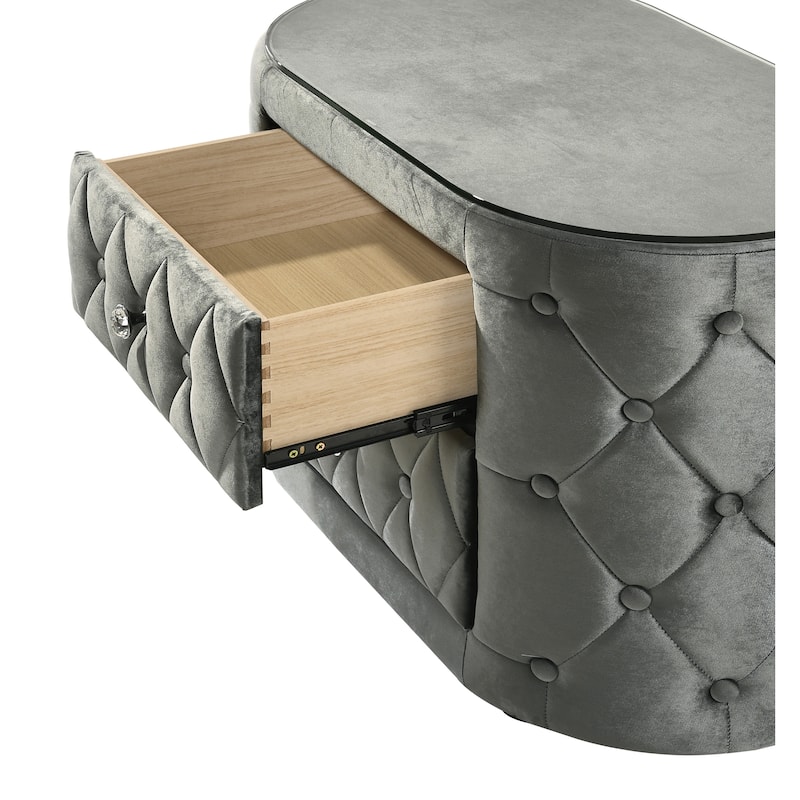1pc Oval Nightstand Plush Tufted Upholstery Tempered Glass Top Rounded Sides Two Storage Drawers Sparkling Knobs Wooden