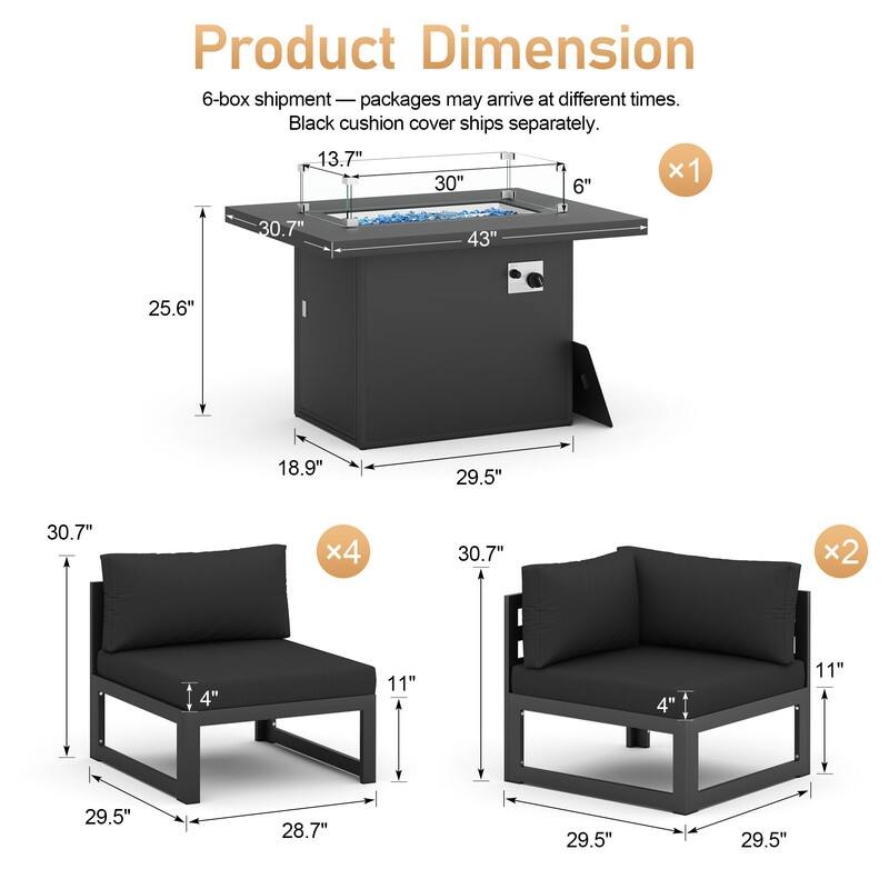 7 Piece Aluminum Patio Furniture Set with Fire Pit Propane/Gas, 29 inch Deep Wide Seat Aluminum Outdoor Sectional