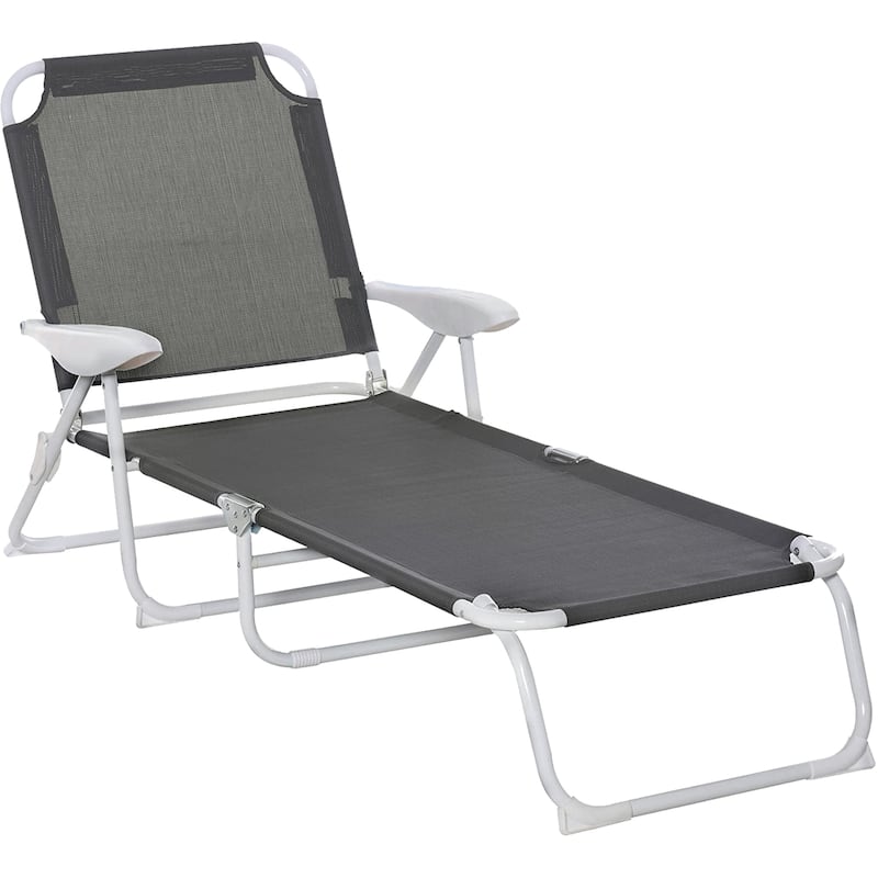 Outdoor Folding Chaise Lounge, 4-Position Reclining Back, Armrests, Metal Frame and Mesh Fabric for Beach, Yard, Patio - DARK GREY
