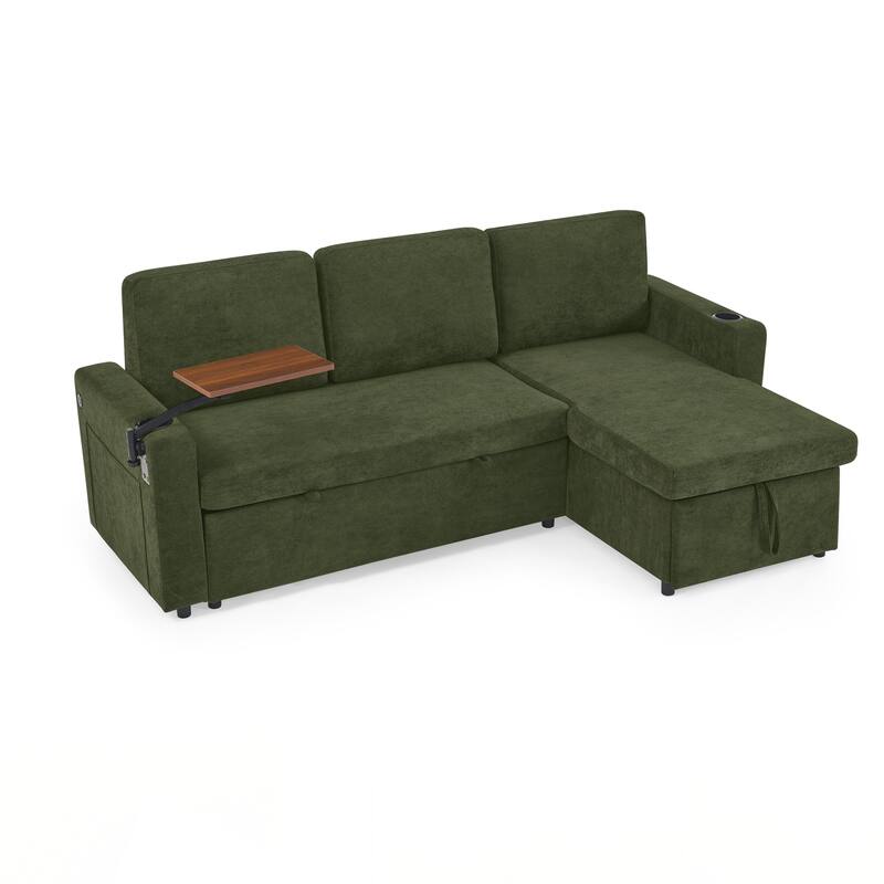 Modern Chenille Multi-functional Pull-Out Bed Sofa with Retractable Table and LED Lighting