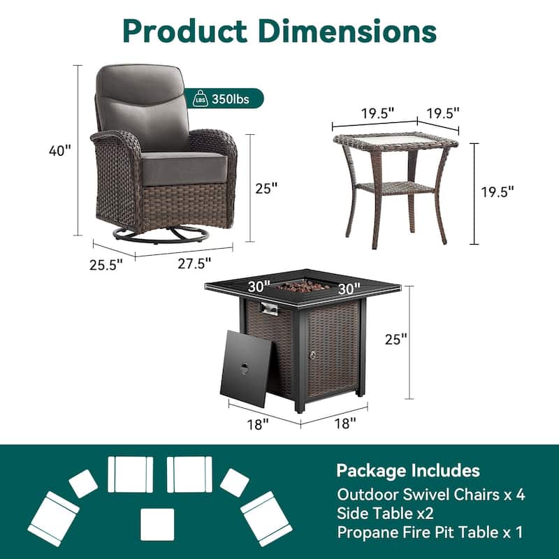 Pocassy Outdoor Sofa Swivel Chair and Ottman with Fire Pit Table