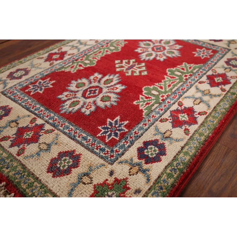 Red Geometric Kazak Oriental Foyer Rug Handmade Wool Carpet - 2'0" x 3'0"