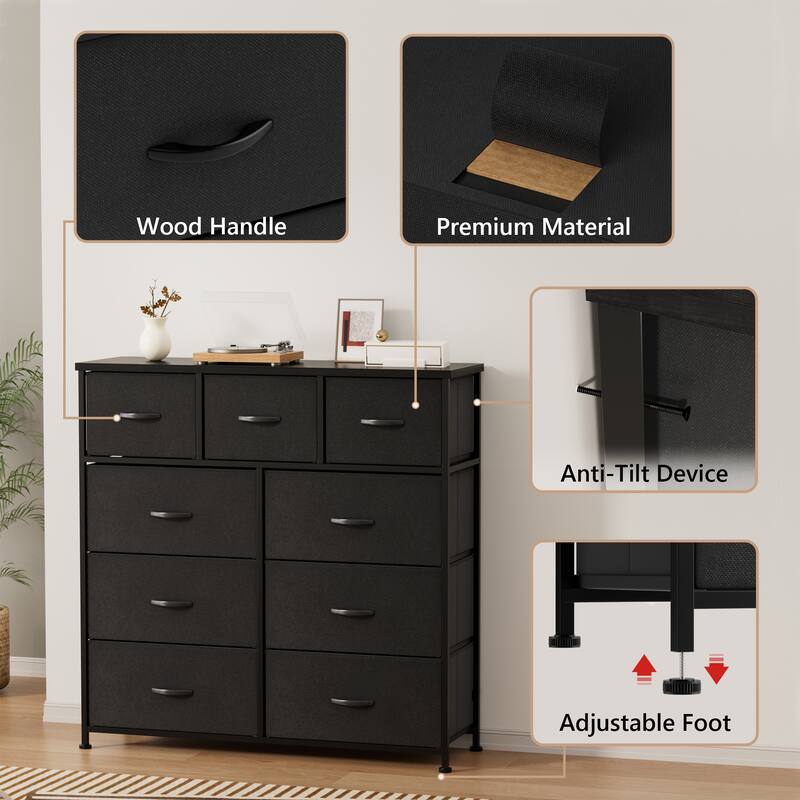 Furniwell 9 Drawer Fabric Dresser Chest of Drawer Cabinet, Black