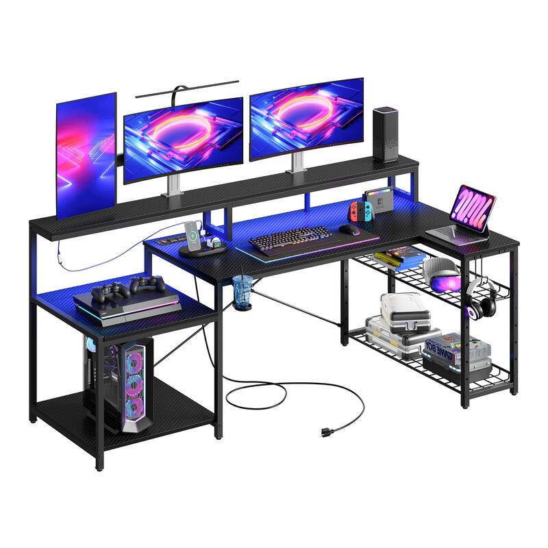 Bestier 71.5 L Shaped Computer Desk with LED, Corner Gaming Desk with Power Outlet
