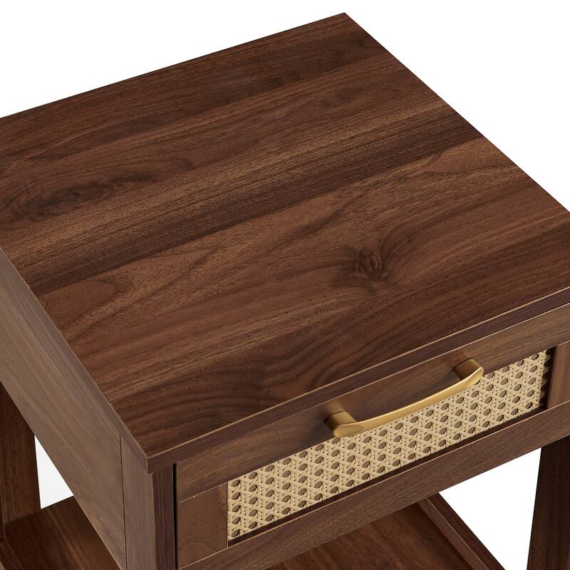 Modern Rattan Nightstand Small Side Table with Drawer for Bedroom or Living Room