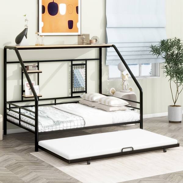 slide 2 of 10, Metal Full Size House-shaped Platform Bed Frame with Trundle and Shelf Black