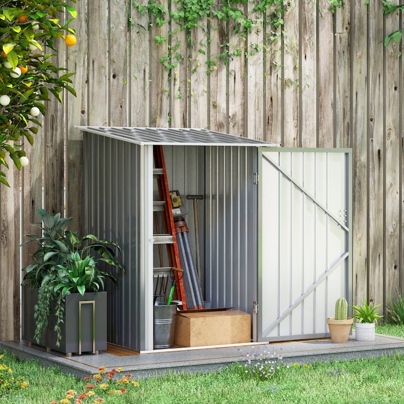 Small Outdoor Garden Storage Shed with Lockable Door and Sloped Roof - 39.25" W x 40.5" D x 57.5"/63" H - Grey