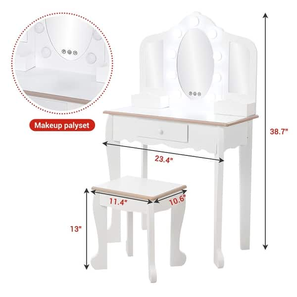 dimension image slide 0 of 2, Kids' Vanity Set with 3 Mirrors and Light, Makeup Table and Stool