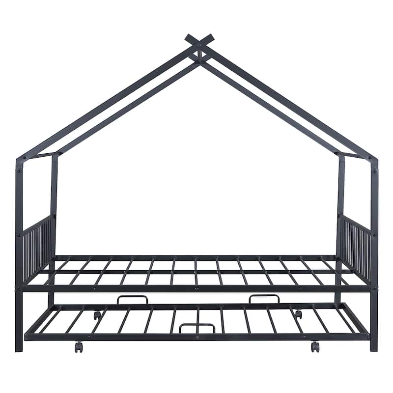 Full Size Metal House Bed with Twin Size Trundle