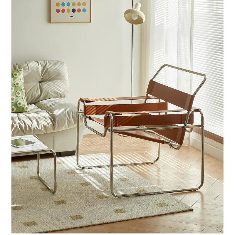 Momei Mid-Century Modern Saddle Leather Accent Chair with Stainless Steel Chair Leg