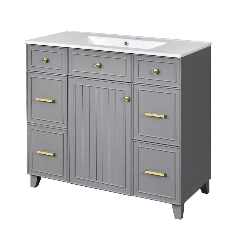 36" Bathroom Vanity with Ceramic Sink, Blue, Solid Wood Frame, Soft-Close Doors, Adjustable Shelves