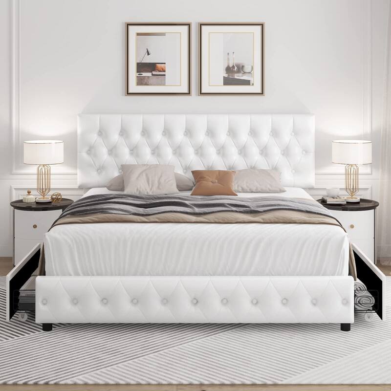Modern Upholstered Bed Frame with 4 Drawers, Button Tufted Headboard Design, Solid Wooden Slat Support, Easy Assembly