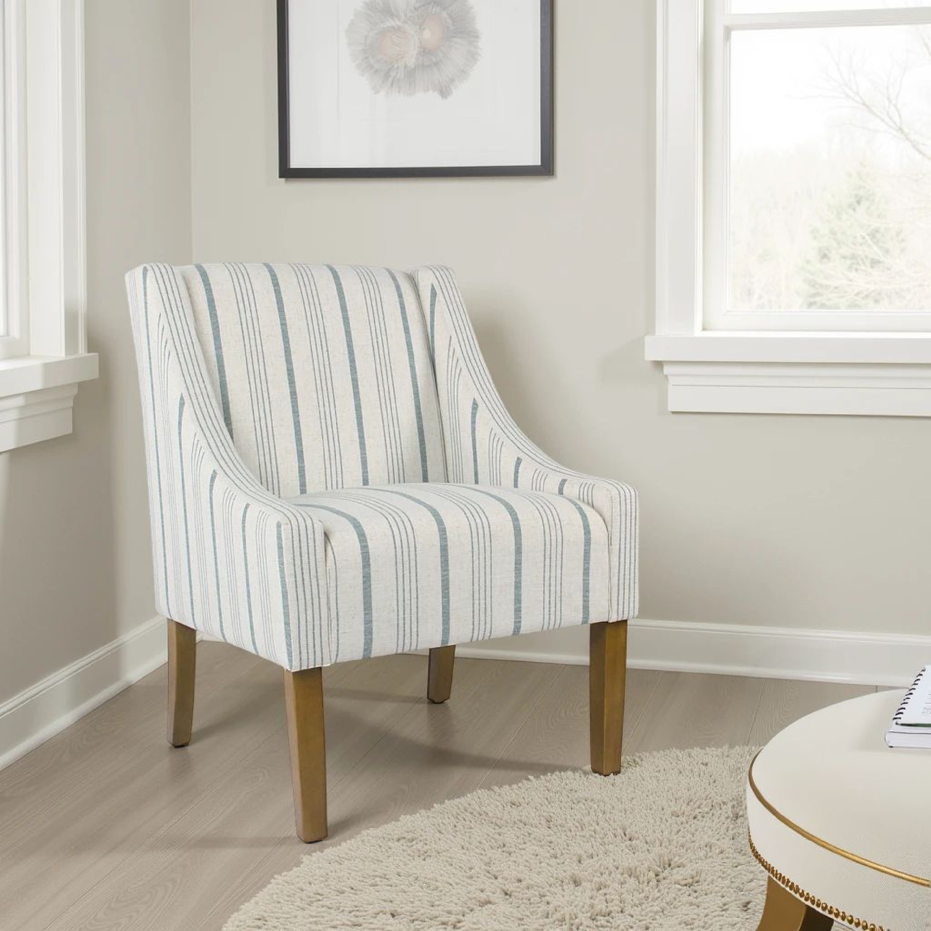 Stripe Pattern Fabric Upholstered Accent Chair with Wooden Legs, Multicolor