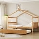 preview thumbnail 30 of 110, Creativity House Bed Twin/ Full Size Frame with Trundle for Boys Girls, Wood Platform Bed with Roof No Box Spring Needed Natural - Full