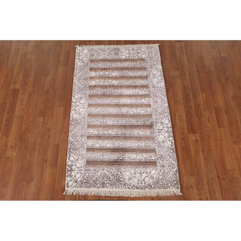 Striped Abstract Accent Rug Handmade Oriental Grey Wool Carpet - 2'10"x 4'6"