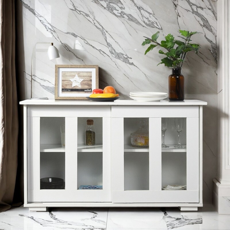 Storage Cabinet with Sliding Doors and Adjustable Shelves, White