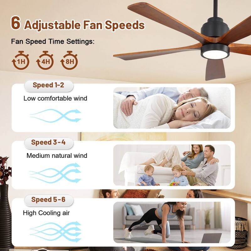 52" Solid Wood Noiseless Ceiling Fans with Dimmable LED Light Optional and Remote, 6-Speed Reversible DC Motor,Smart Optional
