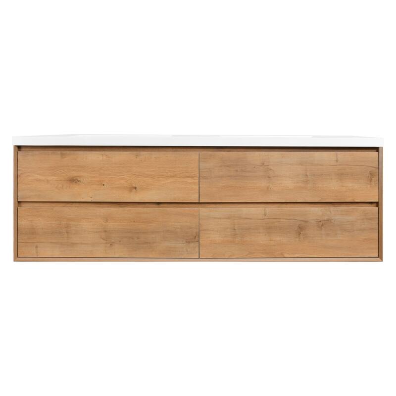 NebulaSky 84 in Wall Mounted Double Sink Bathroom Vanity with Top Combo Cabinet Vanity Set Invisible Handles - Oak Finish/Wood Finish - Brown
