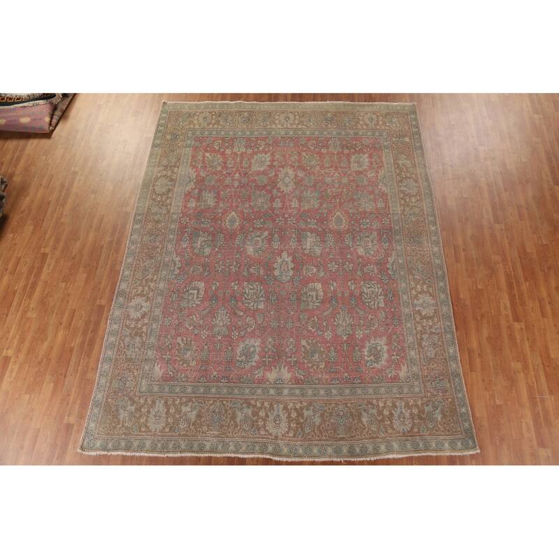 Pink Distressed Tabriz Persian Antique Rug Hand-knotted Wool Carpet - 9'5" x 12'3"