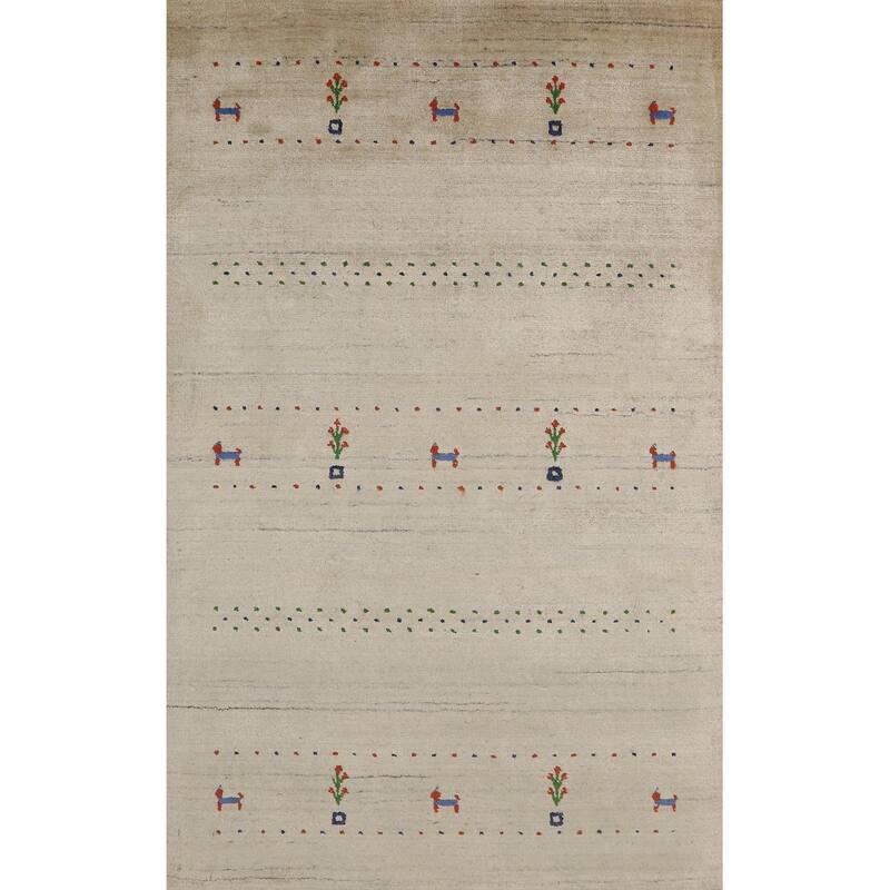 Tribal Gabbeh Indian Foyer Rug Handmade Accent Beige Silk Carpet - 3'1"x 4'11"