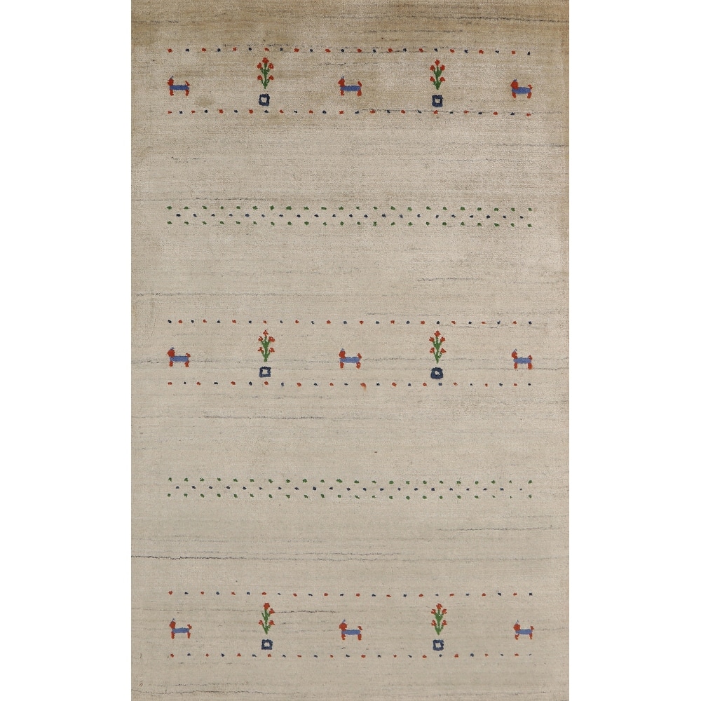 Tribal Gabbeh Indian Foyer Rug Handmade Accent Beige Silk Carpet - 3'1"x 4'11"