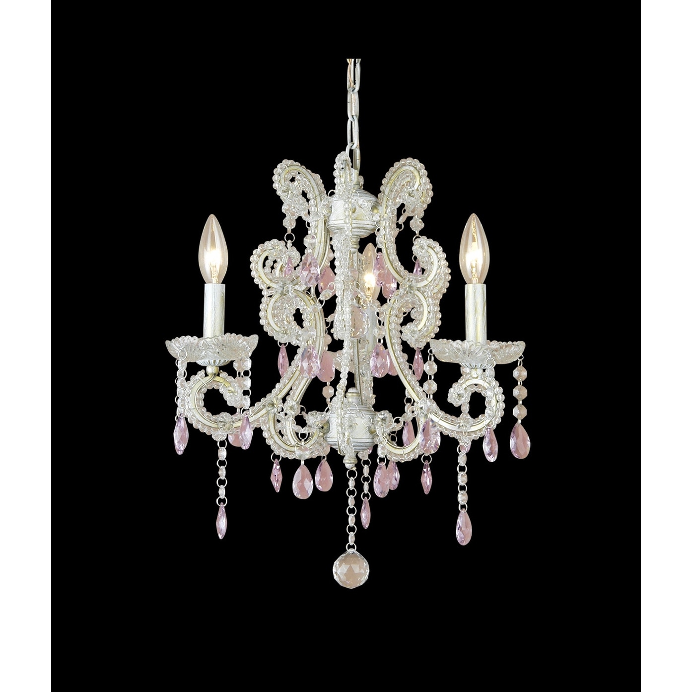 Transitional 3-Light White Chandelier With White And Pink Crystals
