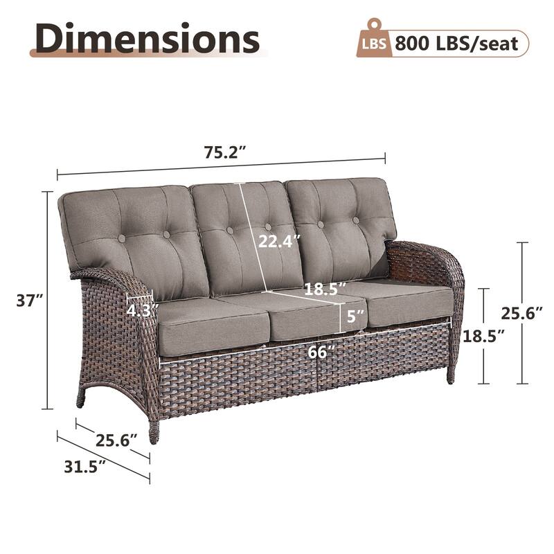 TWrap Brown Wicker Patio 3-Seat Sofa with 5-Inch Thick Cushions