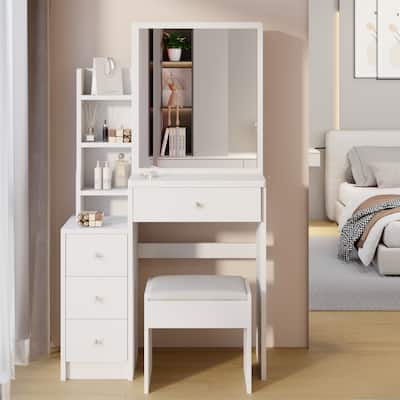 Left Bedside Cabinet Vanity Table + Cushioned Stool