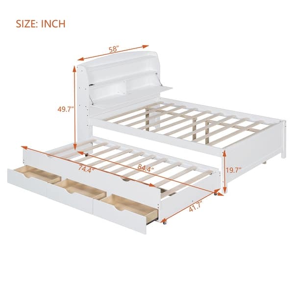 dimension image slide 1 of 3, Full Size Wooden LED Platform Bed with Trundle & Storage Headboard with Drawers, White